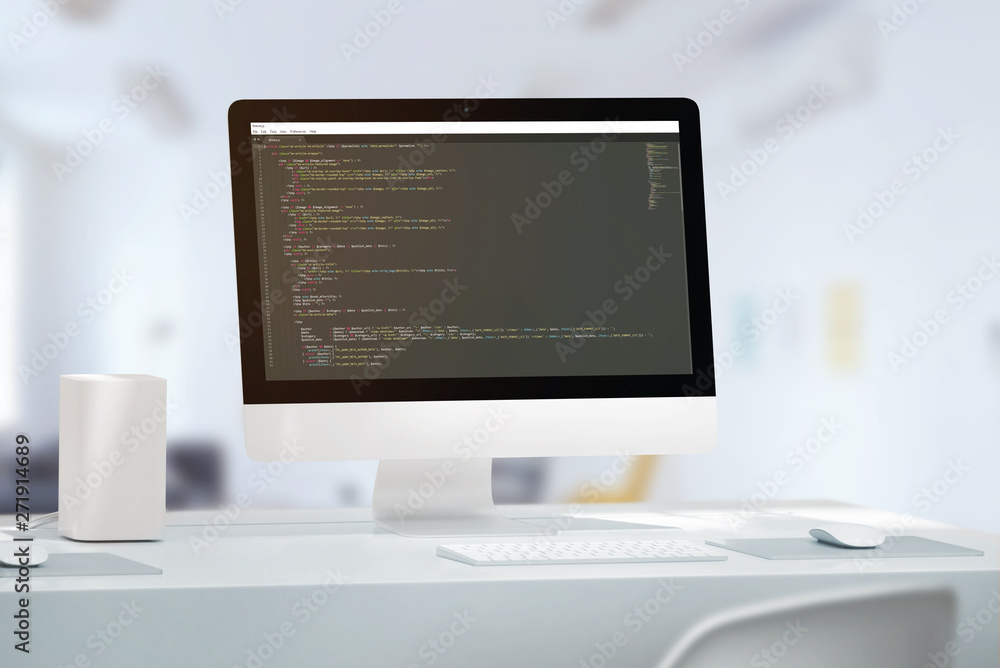Poster Development team office concept. Computer display with java code editor. Close-up.