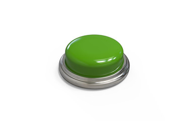 Green round push button with metallic border on isolated white background, 3d illustration