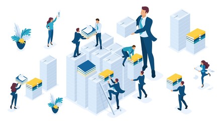 Isometric set of business people make up reports for tax, business audit, tax period, young businessmen