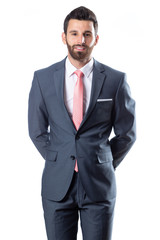A young man wearing suit on a white background