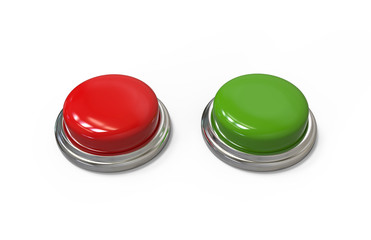 Red and green round push button with metallic border on isolated white background, 3d illustration