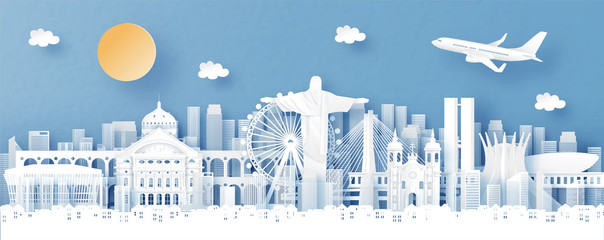 Panorama view of Brazil and skyline with world famous landmarks in paper cut style vector illustration