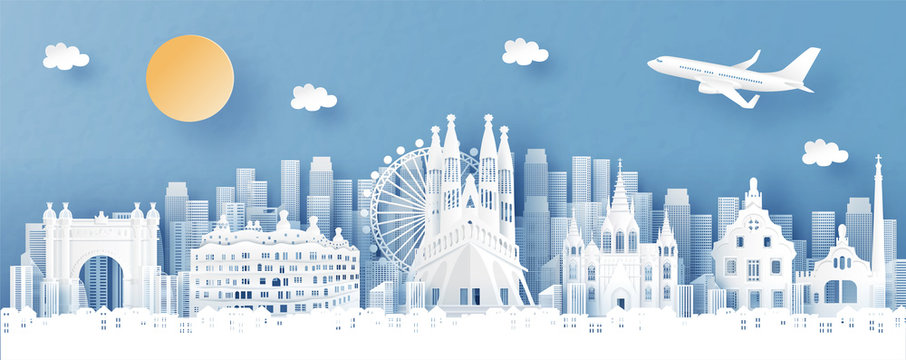 Panorama view of Barecelona, Spain and city skyline with world famous landmarks in paper cut style vector illustration