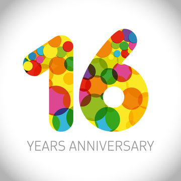 16 th anniversary numbers. 16 years old multicolored logotype. Age congrats, congratulation art idea. Isolated abstract graphic design template. Coloured digits up to -16% percent off discount.