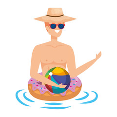 young man with donut float and beach balloon character