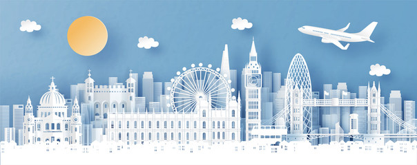 Panorama view of London, England and city skyline with world famous landmarks in paper cut style vector illustration