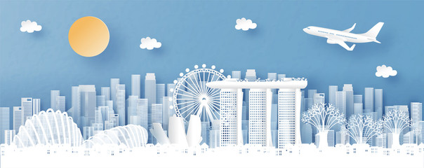 Panorama view of Singapore and city skyline with world famous landmarks in paper cut style vector illustration
