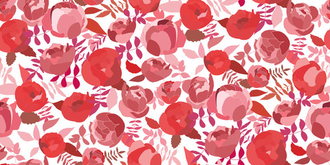 Flowers pattern vector. Floral seamless background with hand drawn stylized peonies or roses  and leaves.