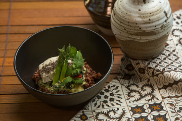 Healthy quinoa salad with fish fillet, broccoli, peas, corn and mushrooms. Weight Loss, Diet. Healthy eating