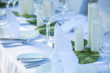 Fototapeta na wymiar Wedding table decor. Beautiful Festive table set up for wedding or party