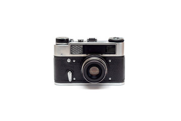 Soviet old camera with leather elements on the body with the lens. Isolate