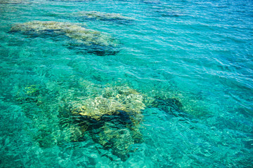 Naklejka na ściany i meble tropic aquamarine colorful ripple water surface in red sea near Israeli waterfront district with corals view on bottom, exotic background photography 