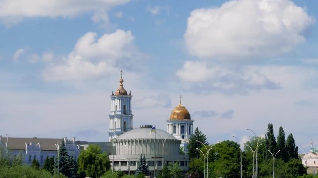 The Saviour's Transfiguration Cathedral in Sumy against blue sky. Time lapse 4k