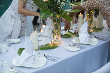 Wedding table decor. Beautiful Festive table set up for wedding or party