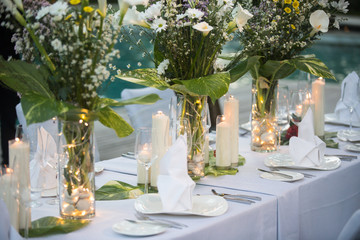 Wedding table decor. Beautiful Festive table set up for wedding or party