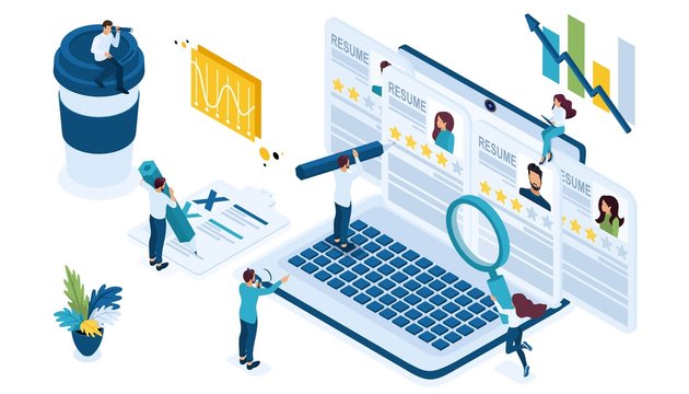 Isometric icon set for recruiting, HR Manager looking summary for candidates in the Internet on the laptop company on the selection of personnela