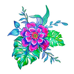 Summer plants whit flower and decorative leaves. Monstera stylized