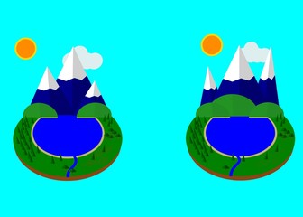 summer vacation in the forest near the pond. Snowy mountains, lake with blue water, green pretty landscape, green hills. For logo