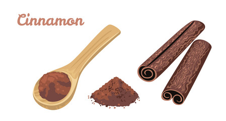 Cinnamon set. Spicy spice in wooden spoon, powder and cinnamon sticks isolated on white background. Vector illustration of seasoning in cartoon flat style.