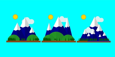 summer vacation in the forest near the pond. Snowy mountains, lake with blue water, green pretty landscape, green hills. For logo, flat.