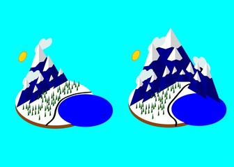 summer vacation in the forest near the pond. Snowy mountains, lake with blue water, green pretty landscape, green hills.  Isometric, winter.