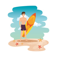 young man with swimsuit and surfboard on the beach