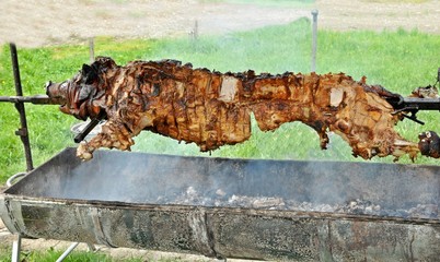Close up of a carcass of an rooster pig (barbecue) rotating on a skewer in the garden.