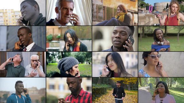 Multiscreen of young multi-ethnic people talking on the phone.Youth, devices
