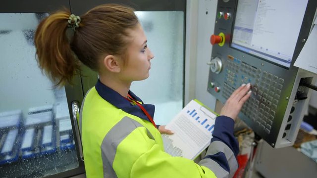 Employee working with control panel of machine