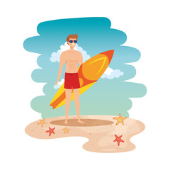 young man with swimsuit and surfboard on the beach