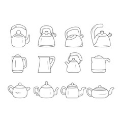Black and white kettle line icon set. Teapot logo. 