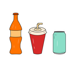 Bottle and glass of soda icon set. Glass of juice and bottle with soda logo. Vector line icons on white background. 