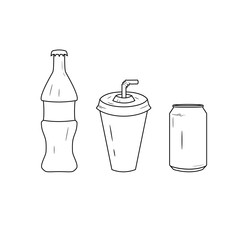 Black and white bottle and glass line icon set. Glass of juice and bottle with soda logo. 