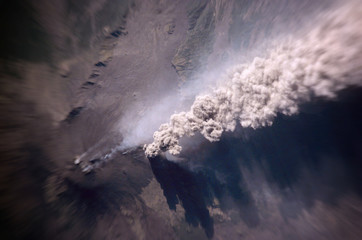 Eruption of the volcano from space. Elements of this image furnished by NASA.