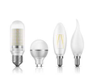 Flame, globe, tubular, candle shapes light LED bulbs with different types of base and filament element 3d realistic vector set isolated on white. High-efficient modern lamps cross section illustration