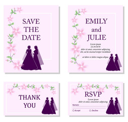 Wedding invitation template set. Beautiful lesbian couple in white wedding dresses and flowers ornament. Same-sex family. Gay marriage. For wedding invitation, Save the Date cards, rsvp etc