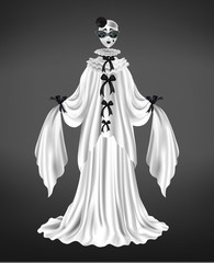 Fototapeta premium Pantomime pierrot female character suit, harlequin costume, circus comedian with sad face mask, long sleeves and white dress, black bows realistic vector illustration isolated on gradient background