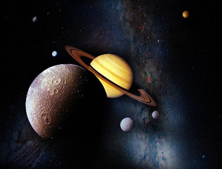 Space scene. Different planets. Saturn with rings. Milky way. Elements furnished by NASA.