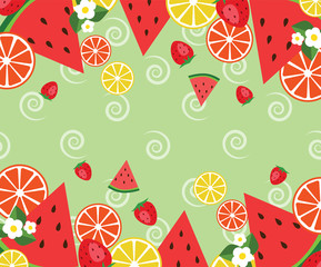Frame template withwatermelons, oranges, strawberries, and flowers. Vector background