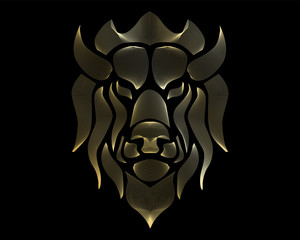 Linear stylized lion. Black and gold graphic. Vector illustration can be used as design for tattoo, t-shirt, bag, poster, postcard