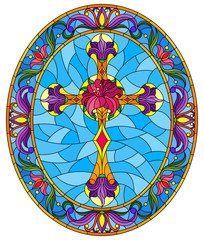 Illustration in stained glass style with Christian cross decorated with  purple flowers on blue background, oval image in floral frame