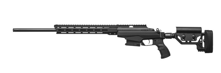 Modern sniper rifle isolated on white. Weapon for firing at long distances.