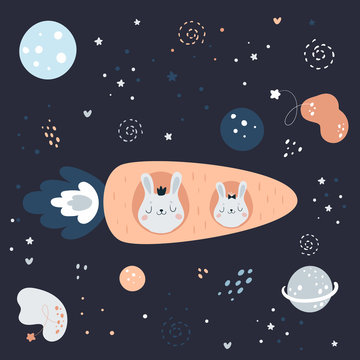 Cute spaceship rabbit bunny in carrot rocket in space go to the moon in fantasy night sky with planets, stars and clouds. Seamless pattern for kids. Good for print, poster, card, decoration, textile