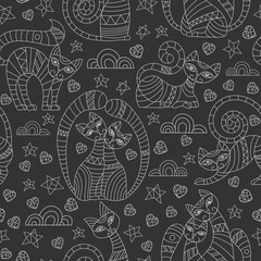 Seamless pattern with abstract cats, stars and hearts, light outline drawings on dark background