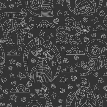 Seamless pattern with abstract cats, stars and hearts, light outline drawings on dark background © Zagory