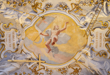 COMO, ITALY - MAY 10, 2015: The baroque fresco of Resurrection of Jesus with the instrumenst of...