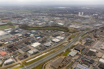 Naklejka na ściany i meble Aerial view skyline Dutch city of Goningen with industrial park