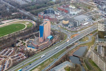 Aerial view skyline Dutch city of Goningen with modern skyscraper