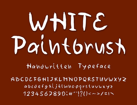 White paintbrush Alphabet. Vector handwritten typeface. English uppercase and lowercase letters, numbers and signs. Original font for modern designs