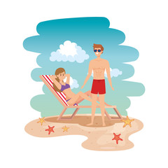 young couple relaxing in beach chair on the seascape